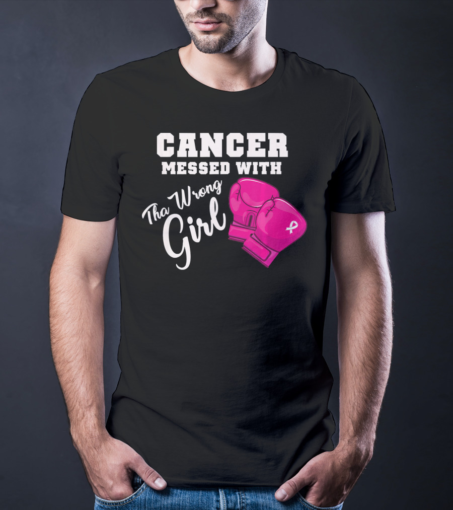 Cancer Messed With The Wrong Girl Boxing Gloves Breast Cancer Awareness T-Shirt
