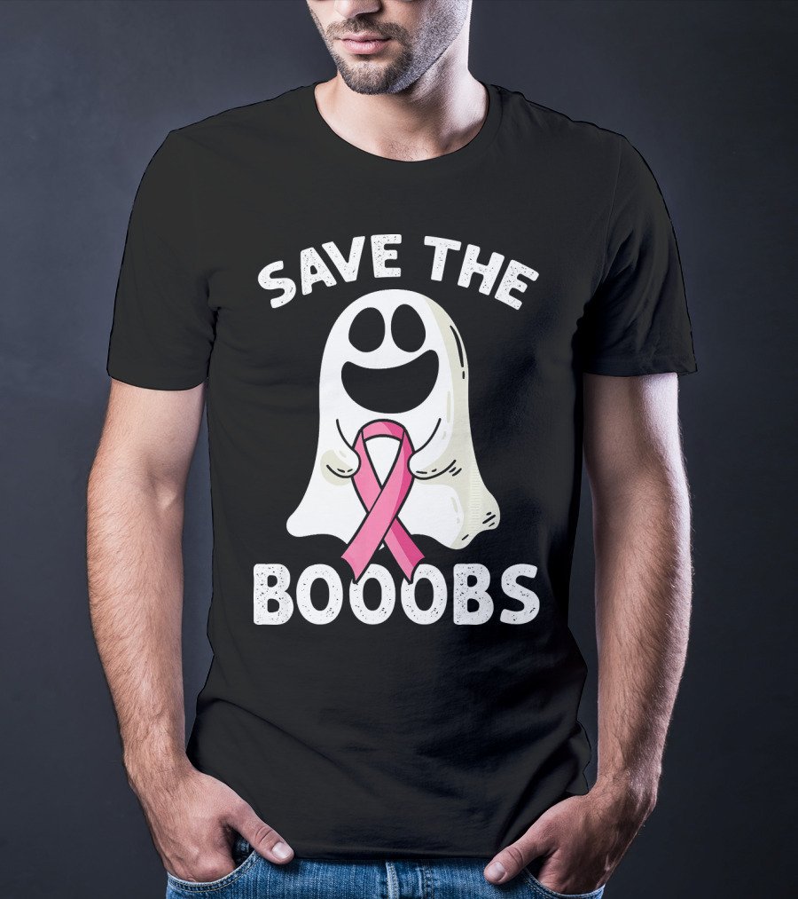 Save The Boooobs Funny Ghost Pink Ribbon Breast Cancer Awareness T-Shirt
