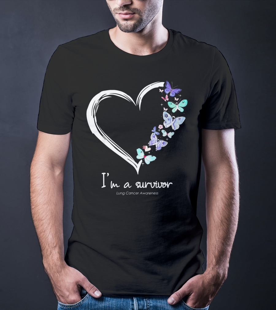 I'm A Survivor Lung Cancer Awareness Heart With Butterflies T-Shirt