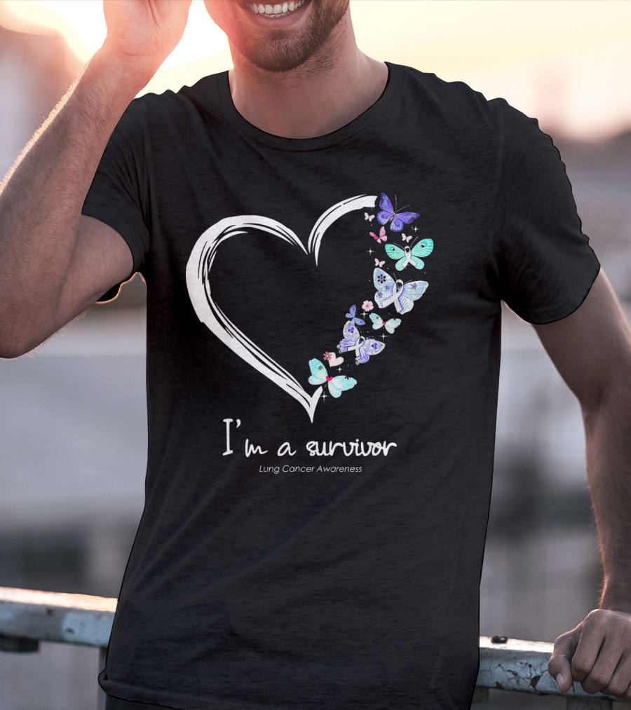 I'm A Survivor Lung Cancer Awareness Heart With Butterflies T-Shirt