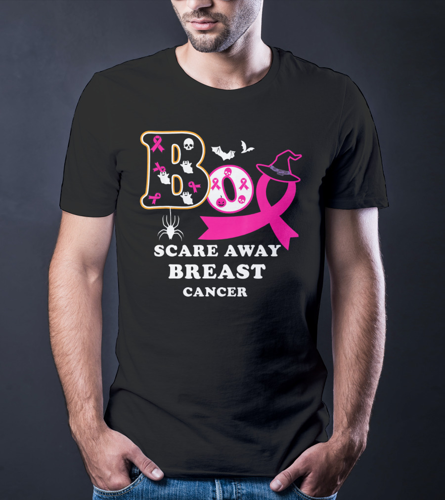 Halloween Boo With Pink Ribbon Scare Away Breast Cancer T-Shirt