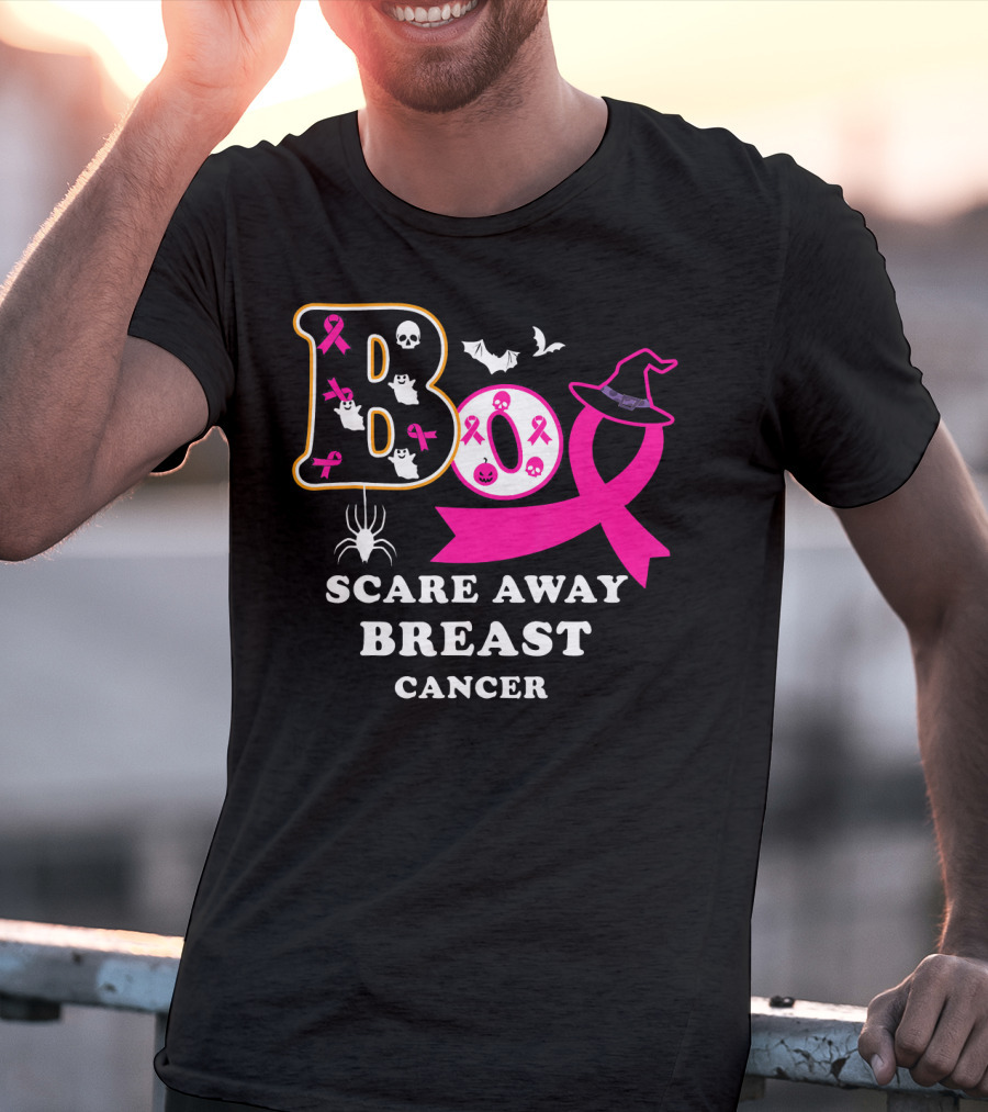 Halloween Boo With Pink Ribbon Scare Away Breast Cancer T-Shirt