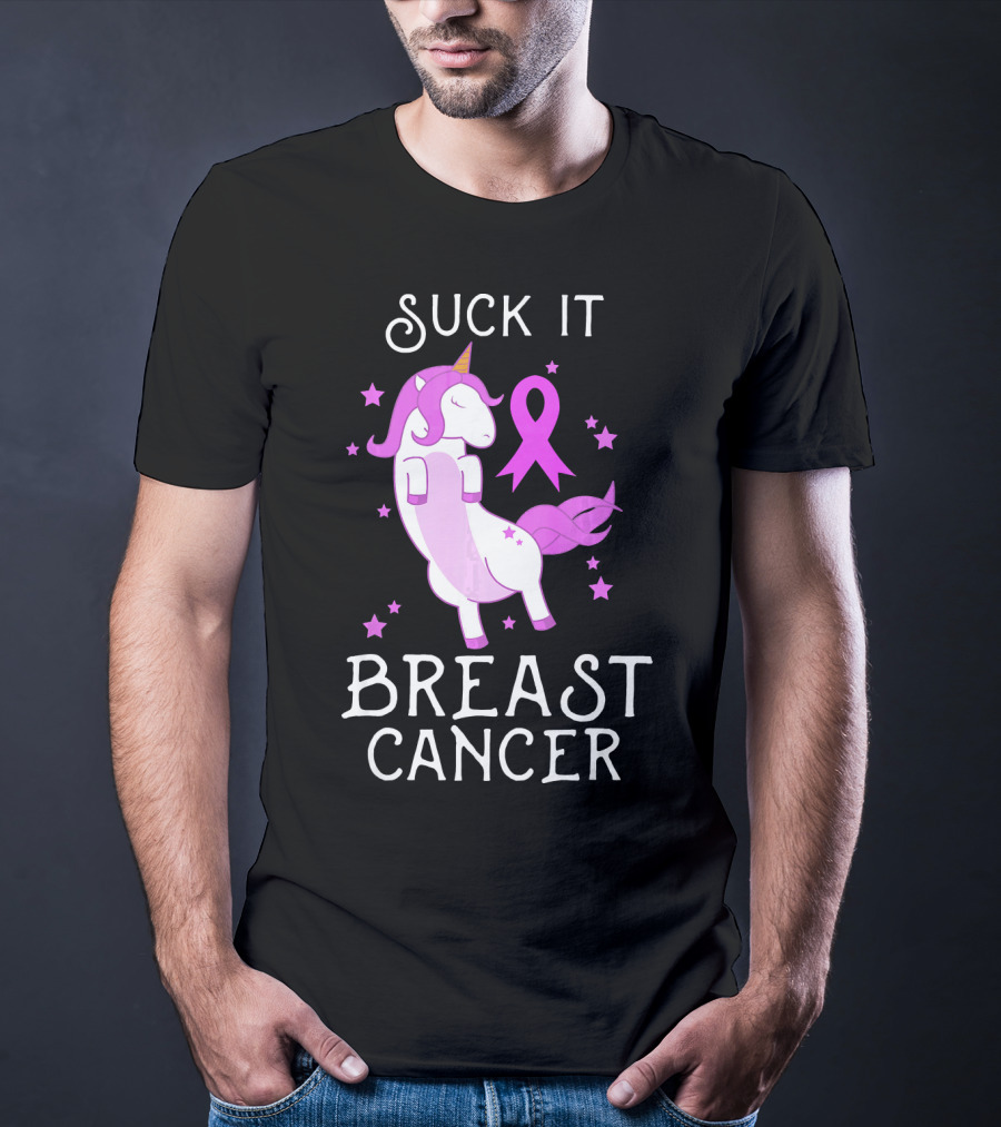 Suck It Breast Cancer Unicorn Awareness Ribbon Stars T-Shirt