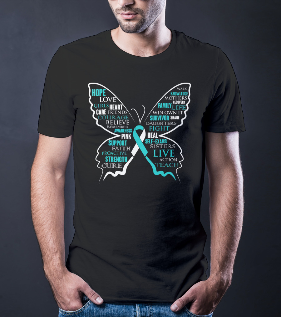 Hope Faith Courage Love Butterfly Cervical Cancer Awareness T-Shirt