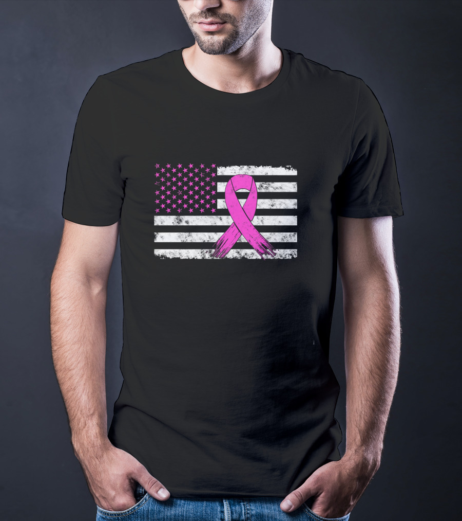 Distressed Pink Ribbon Breast Cancer Awareness American Flag T-Shirt