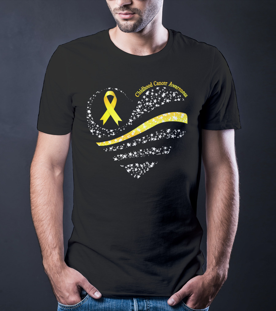 Childhood Cancer Awareness Heart Gold Ribbon American Flag T-Shirt