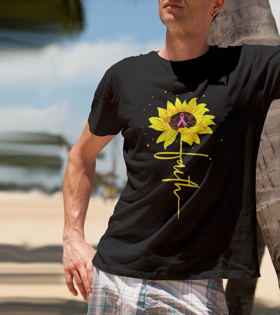 Faith Sunflower Pink Ribbon Breast Cancer Awareness T-Shirt