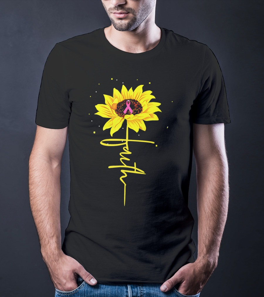 Faith Sunflower Pink Ribbon Breast Cancer Awareness T-Shirt