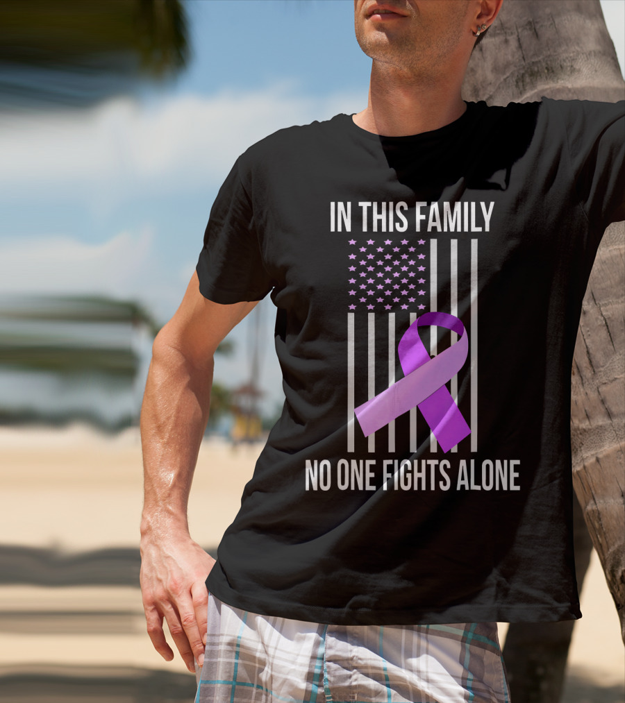 In This Family No One Fights Alone USA Flag Purple Ribbon Pancreatic Cancer T-Shirt