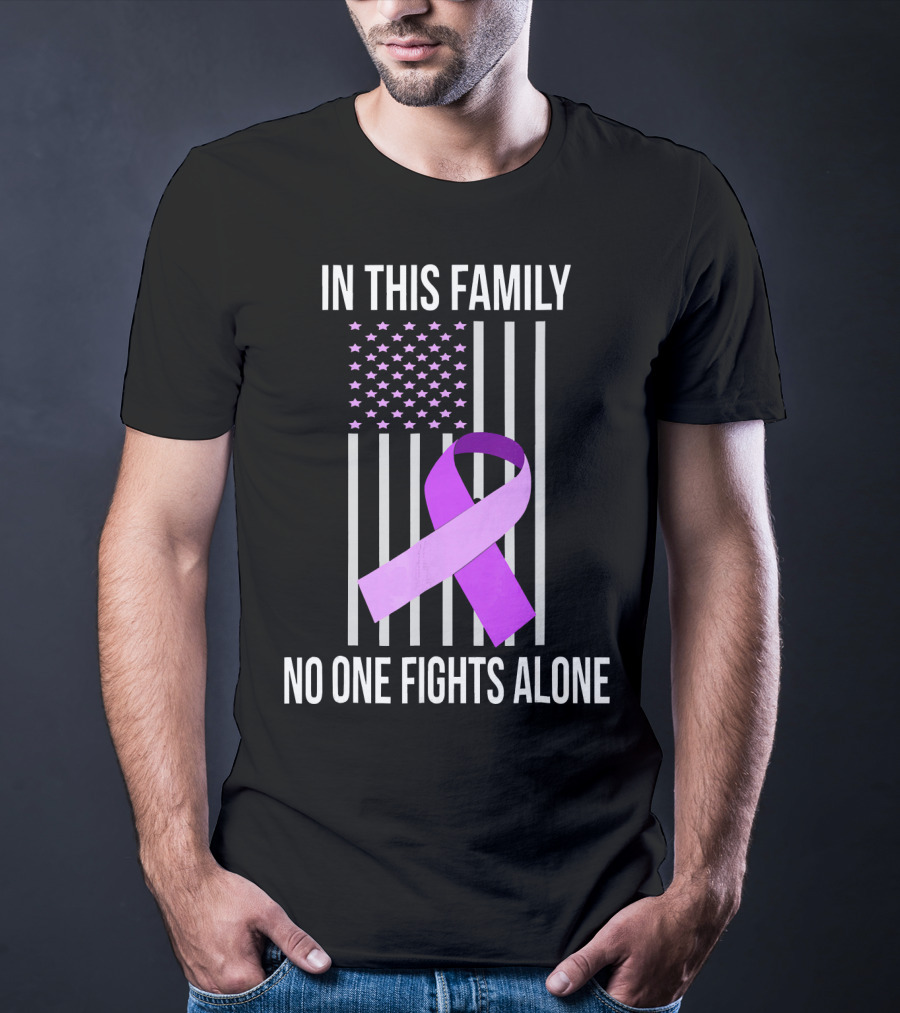 In This Family No One Fights Alone USA Flag Purple Ribbon Pancreatic Cancer T-Shirt