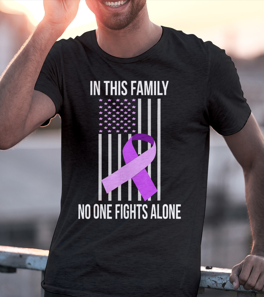 In This Family No One Fights Alone USA Flag Purple Ribbon Pancreatic Cancer T-Shirt