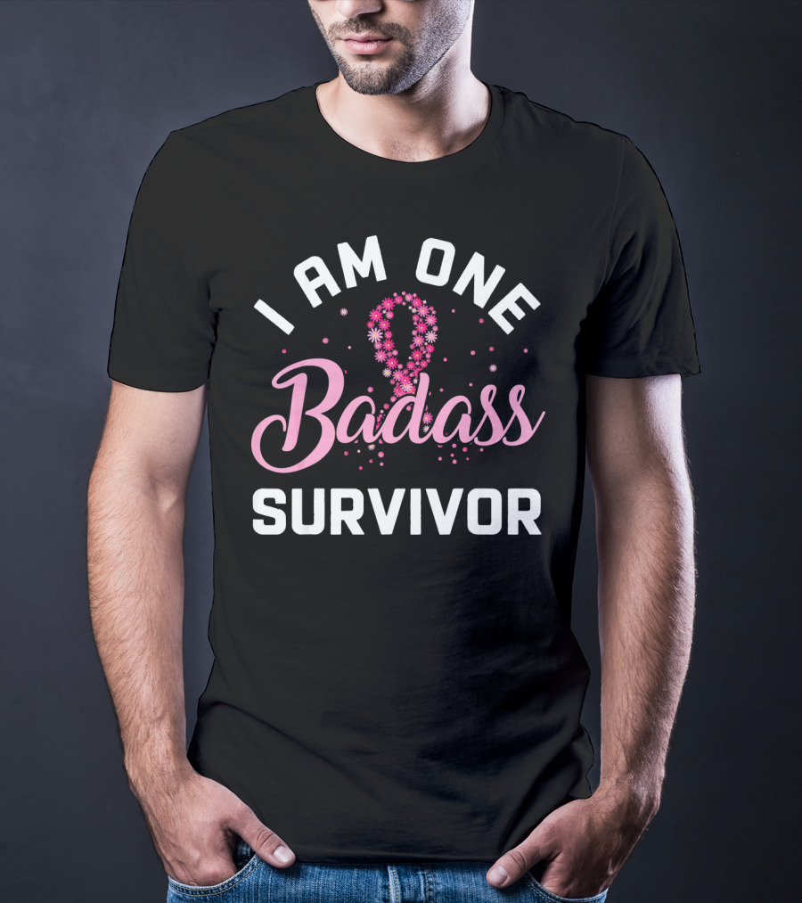I Am One Badass Survivor Breast Cancer Ribbon Floral T-Shirt