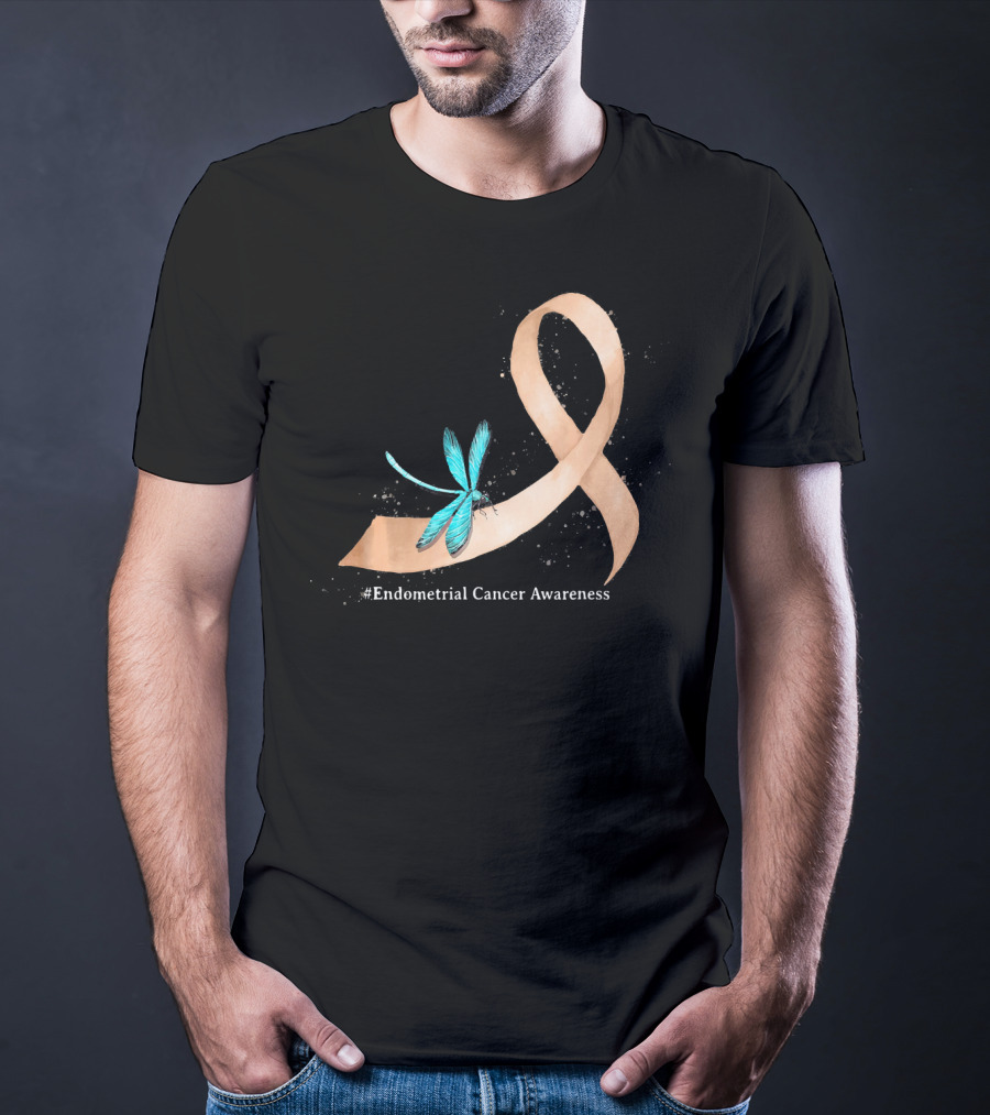Hippie Dragonfly Peach Ribbon #Endometrial Cancer Awareness T-Shirt