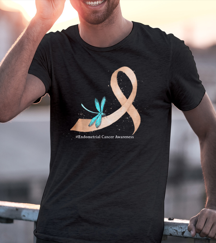 Hippie Dragonfly Peach Ribbon #Endometrial Cancer Awareness T-Shirt