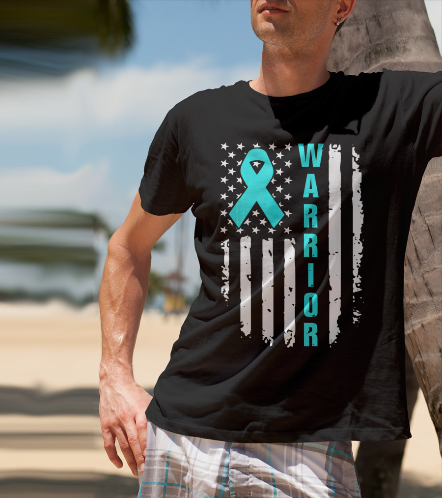 Warrior Teal Ribbon American Flag Ovarian Cancer T-Shirt