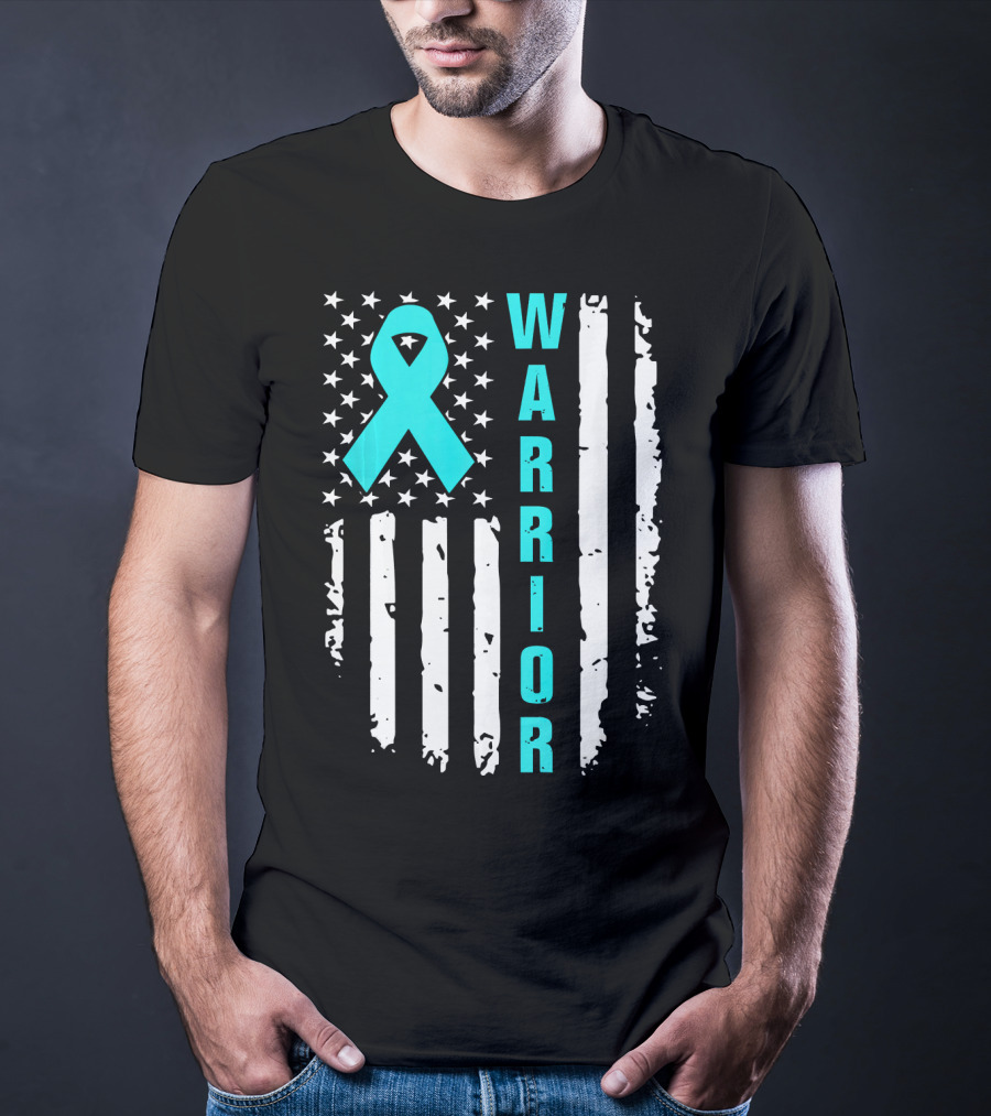 Warrior Teal Ribbon American Flag Ovarian Cancer T-Shirt