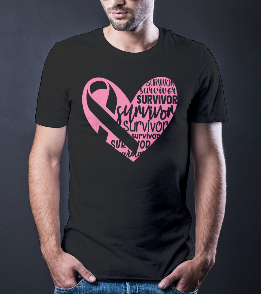 Survivor Pink Ribbon Heart Breast Cancer Pin T-Shirt