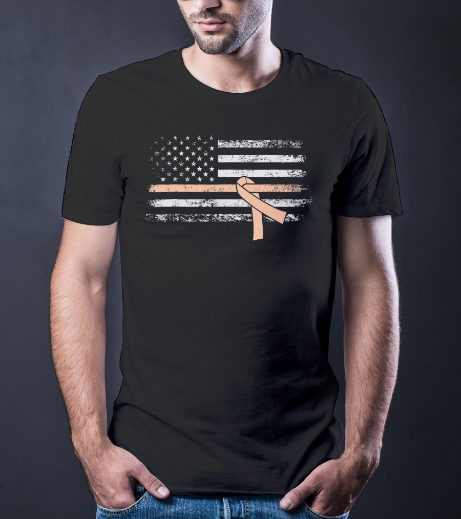 American Flag With Peach Ribbon For Uterine Cancer Awareness T-Shirt