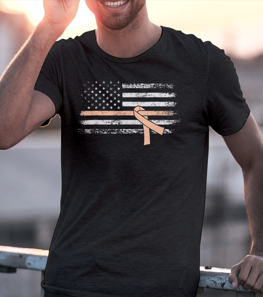 American Flag With Peach Ribbon For Uterine Cancer Awareness T-Shirt