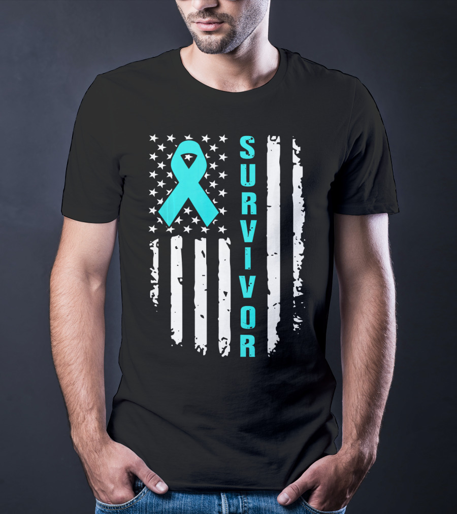 Survivor Ovarian Cancer Awareness American Flag T-Shirt