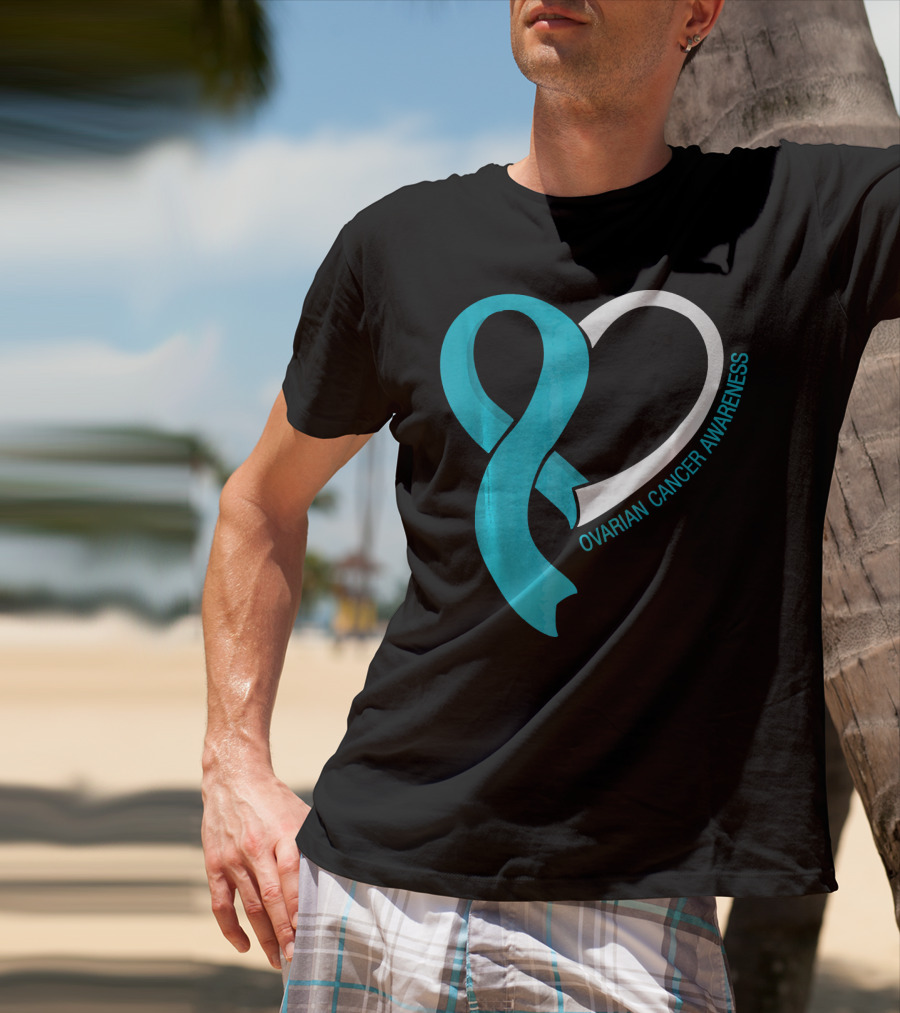 Ovarian Cancer Teal Heart Ribbon Awareness T-Shirt