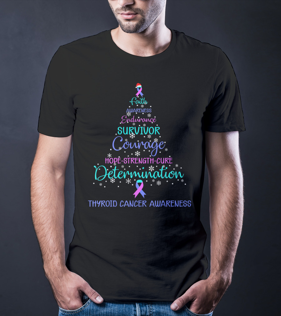 Faith Courage Determination Thyroid Cancer Awareness Xmas Tree Survivor T-Shirt
