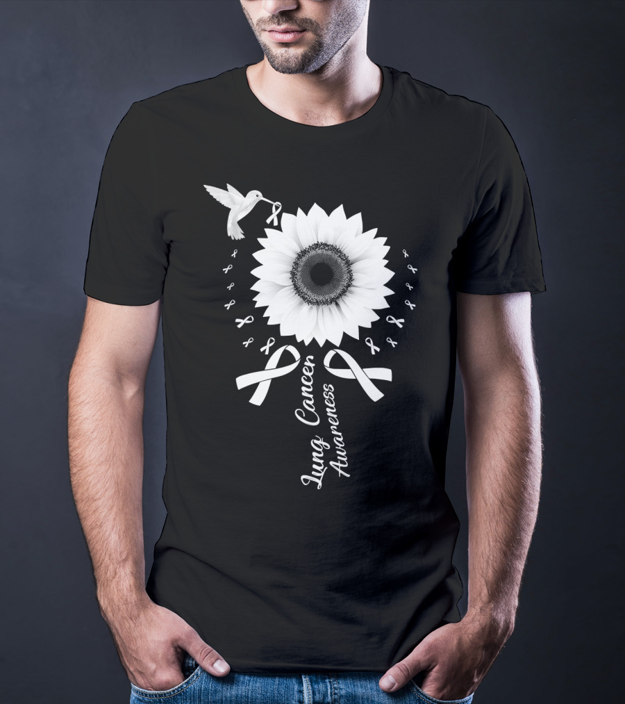 Lung Cancer Awareness Hummingbird Sunflower White T-Shirt