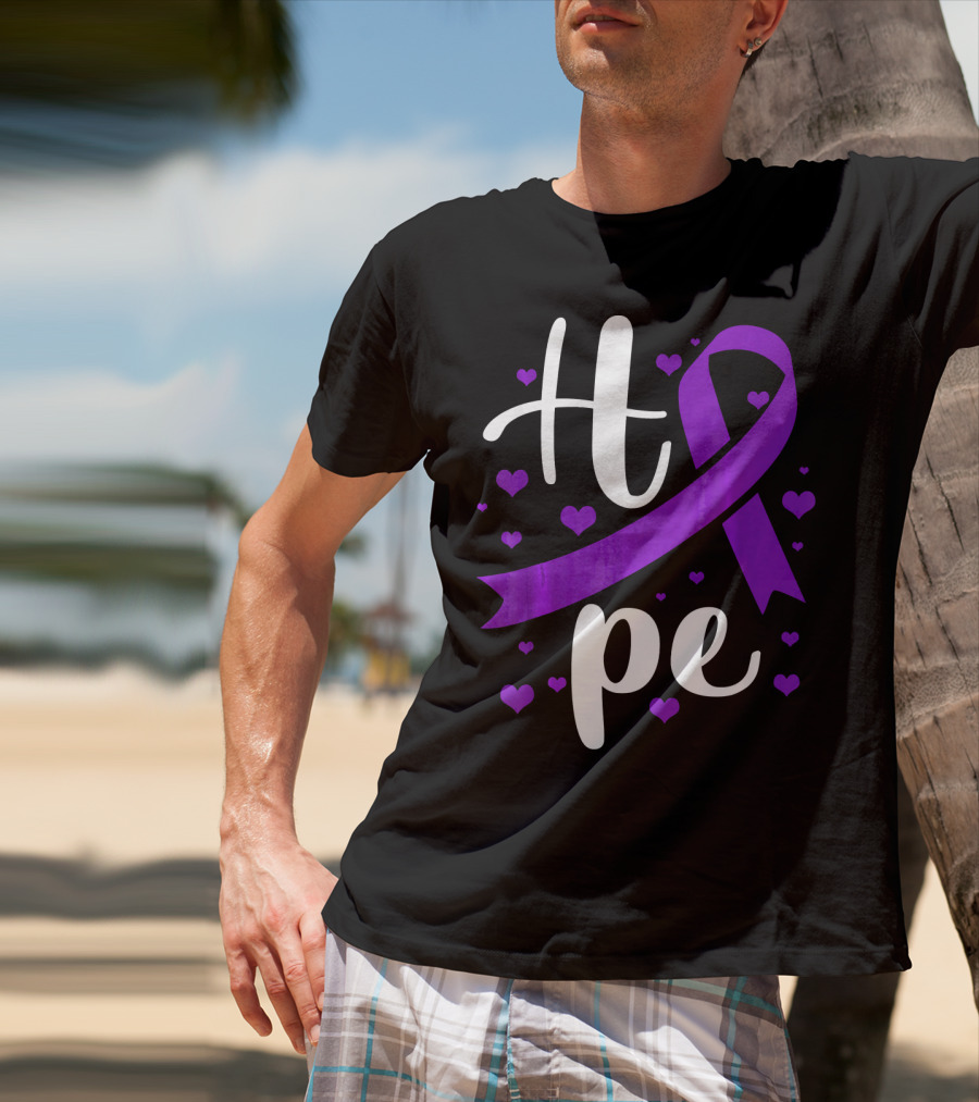 Hope Pancreatic Cancer Awareness Women Purple Ribbon Hearts T-Shirt