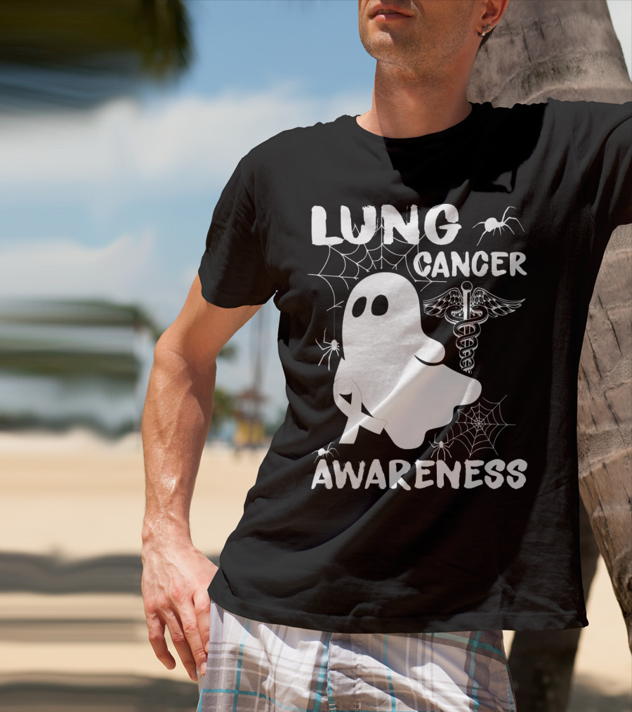 Lung Cancer Awareness Boo Ghost With Spider Webs And Spider T-Shirt