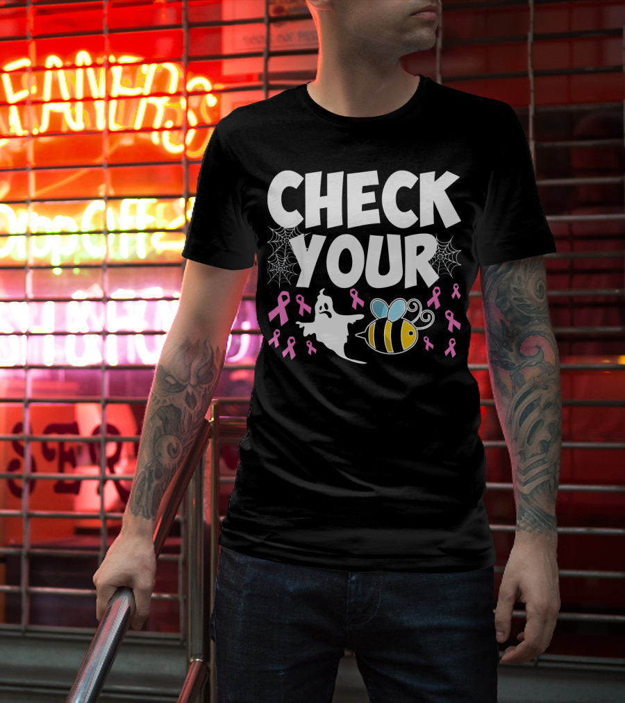 CHECK YOUR BOO BEES Breast Cancer Awareness Halloween Ghost And Bee With Ribbons T-Shirt