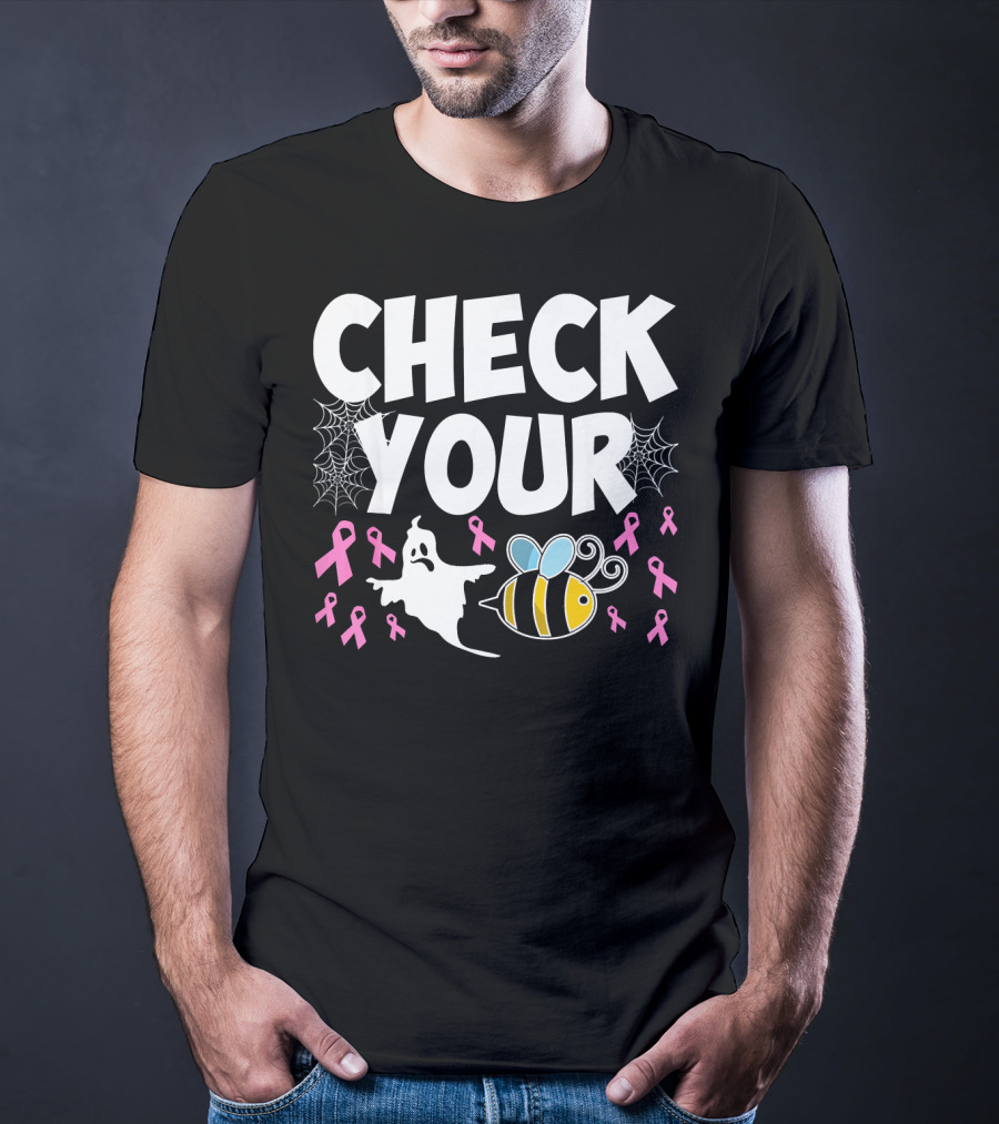 CHECK YOUR BOO BEES Breast Cancer Awareness Halloween Ghost And Bee With Ribbons T-Shirt