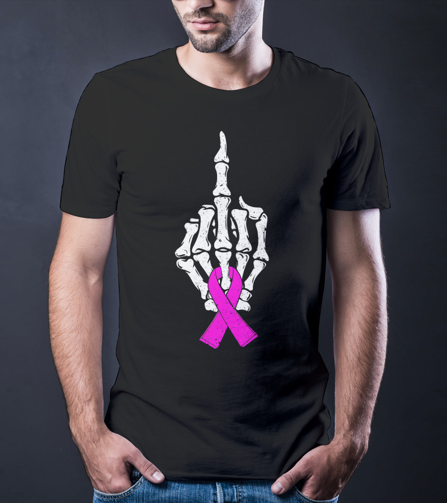 Breast Cancer Skeleton Middle Finger Pink Ribbon Awareness T-Shirt