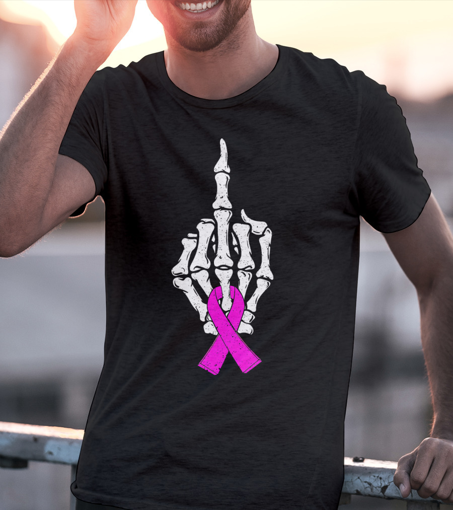 Breast Cancer Skeleton Middle Finger Pink Ribbon Awareness T-Shirt
