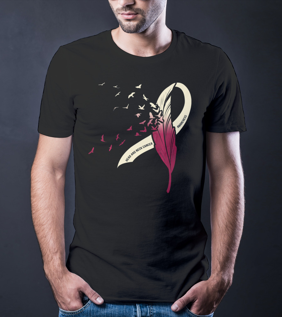 Head And Neck Cancer Awareness Feather Ribbon With Birds T-Shirt