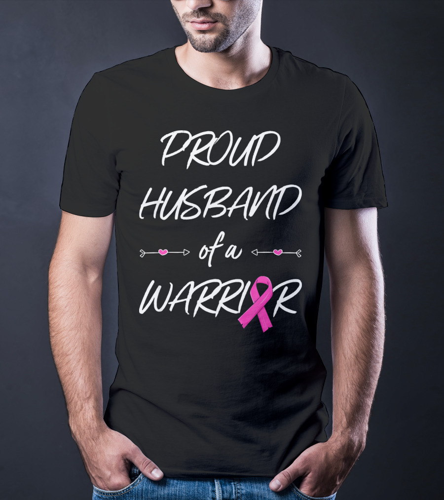Proud Husband Of A Warrior Breast Cancer Pink Ribbon Hearts T-Shirt