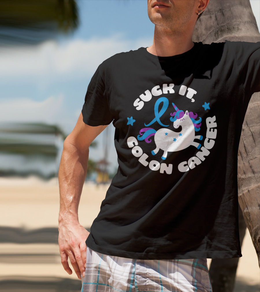 Colon Cancer Awareness Unicorn Suck It Fun T-Shirt