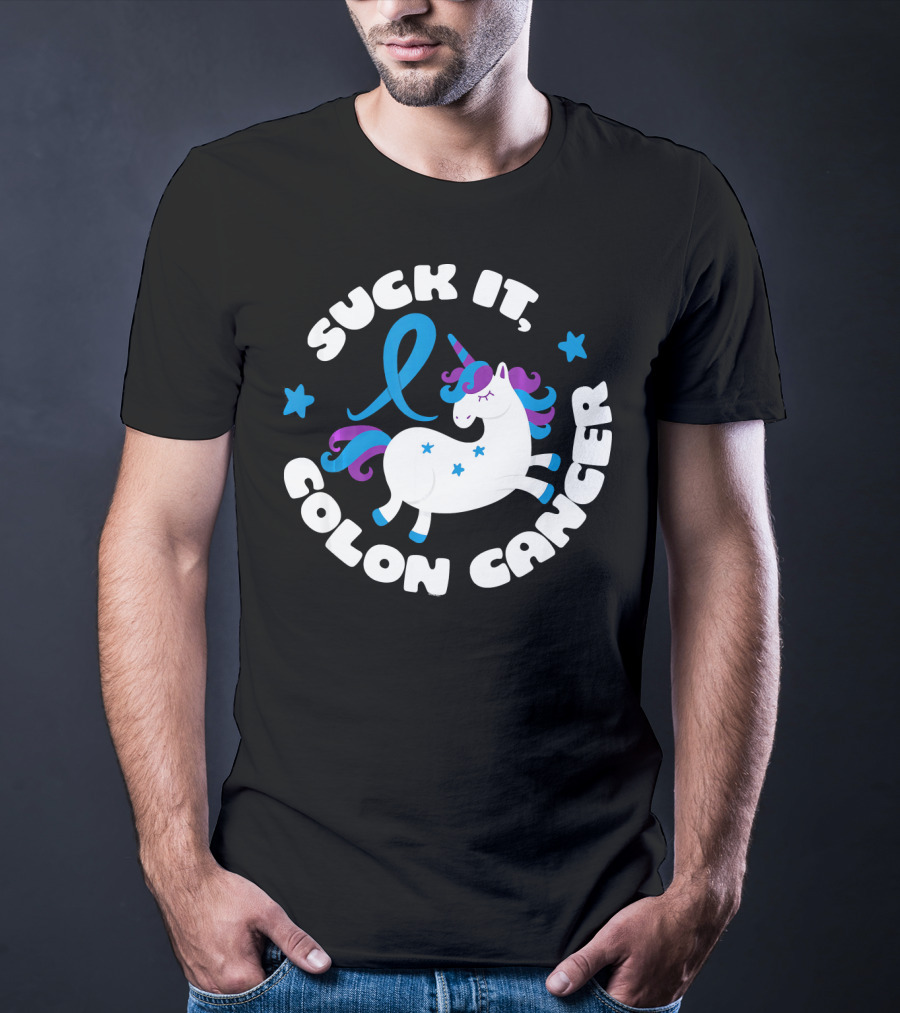 Colon Cancer Awareness Unicorn Suck It Fun T-Shirt