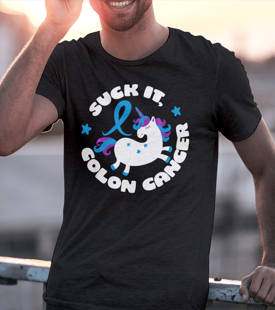 Colon Cancer Awareness Unicorn Suck It Fun T-Shirt