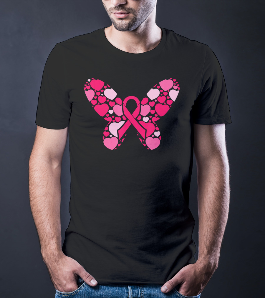 Pink Ribbon Hearts Butterfly Breast Cancer Awareness T-Shirt