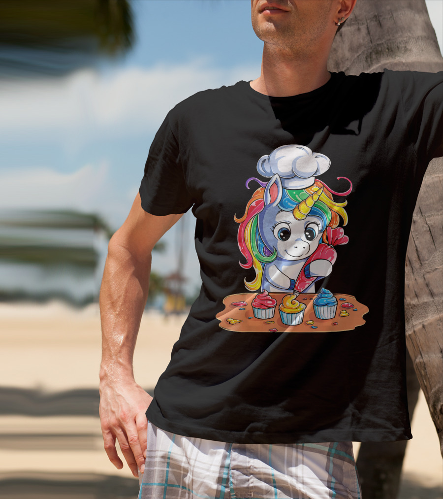 Unicorn Rainbow Chef Decorating Cupcakes Girls Magic T-Shirt