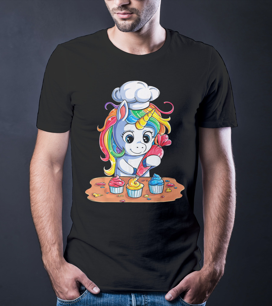 Unicorn Rainbow Chef Decorating Cupcakes Girls Magic T-Shirt
