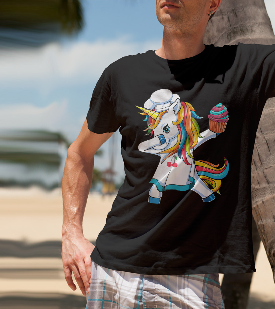 Dabbing Unicorn Rainbow Chef With Cupcake T-Shirt