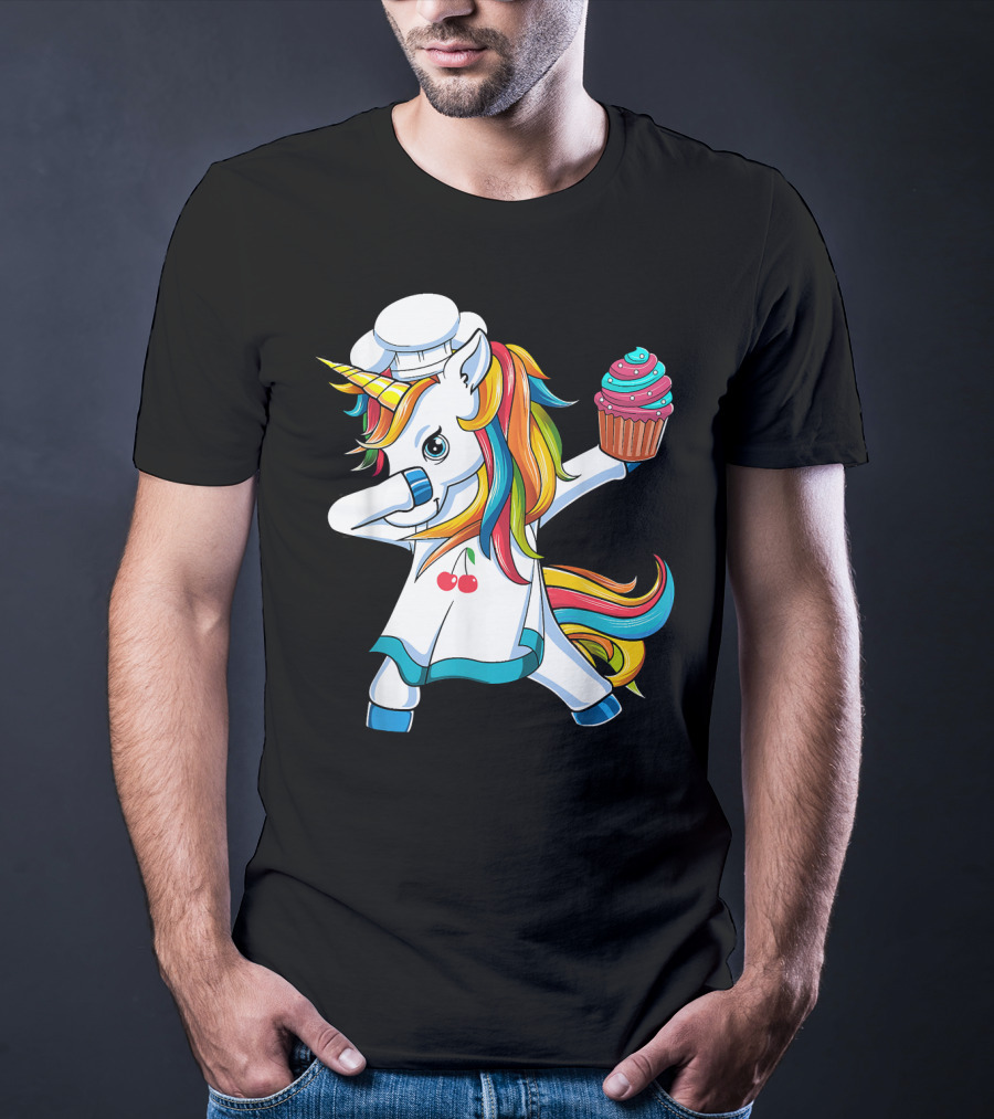 Dabbing Unicorn Rainbow Chef With Cupcake T-Shirt