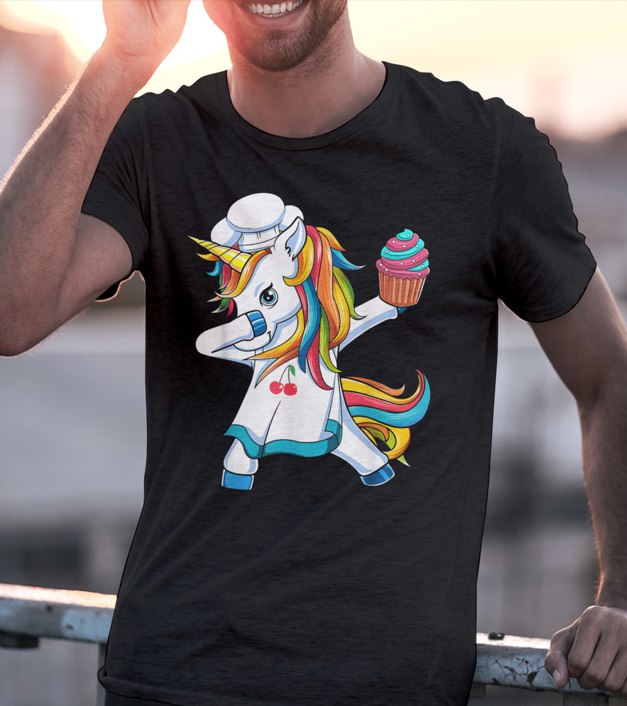 Dabbing Unicorn Rainbow Chef With Cupcake T-Shirt