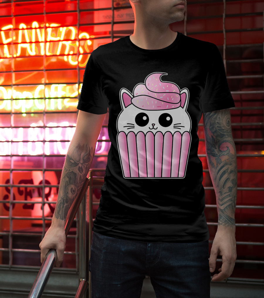 Kawaii Cat Cupcake Muffin In Pink Sweet Delight T-Shirt