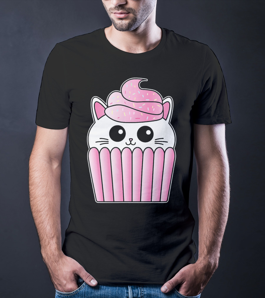 Kawaii Cat Cupcake Muffin In Pink Sweet Delight T-Shirt