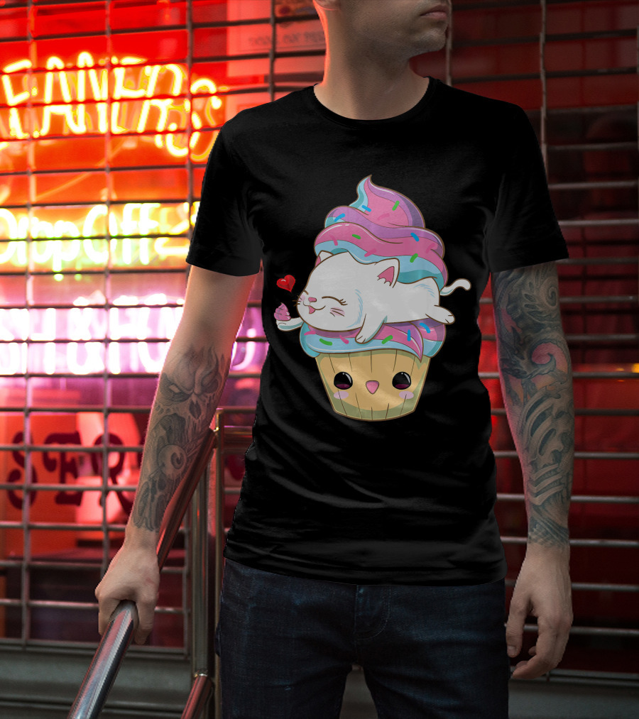 Cute Kawaii Cat On Pastel Sprinkles Cupcake With Heart Balloon T-Shirt