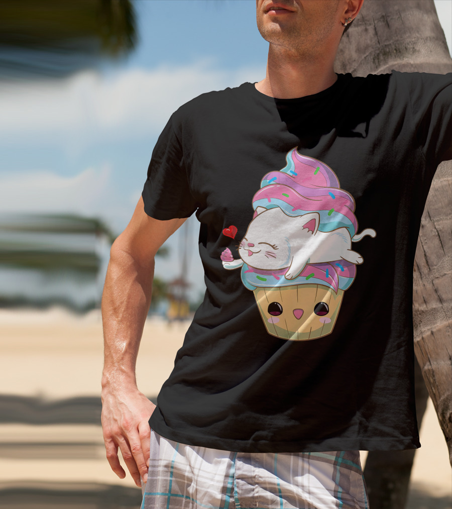 Cute Kawaii Cat On Pastel Sprinkles Cupcake With Heart Balloon T-Shirt