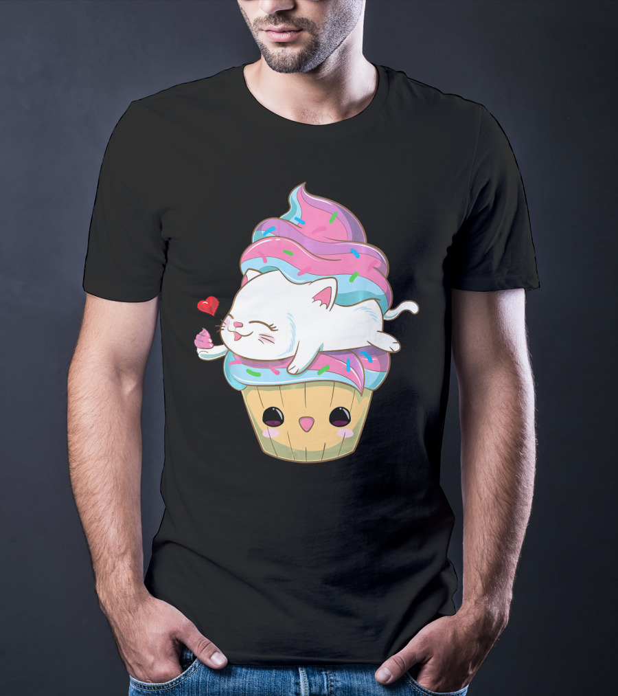 Cute Kawaii Cat On Pastel Sprinkles Cupcake With Heart Balloon T-Shirt