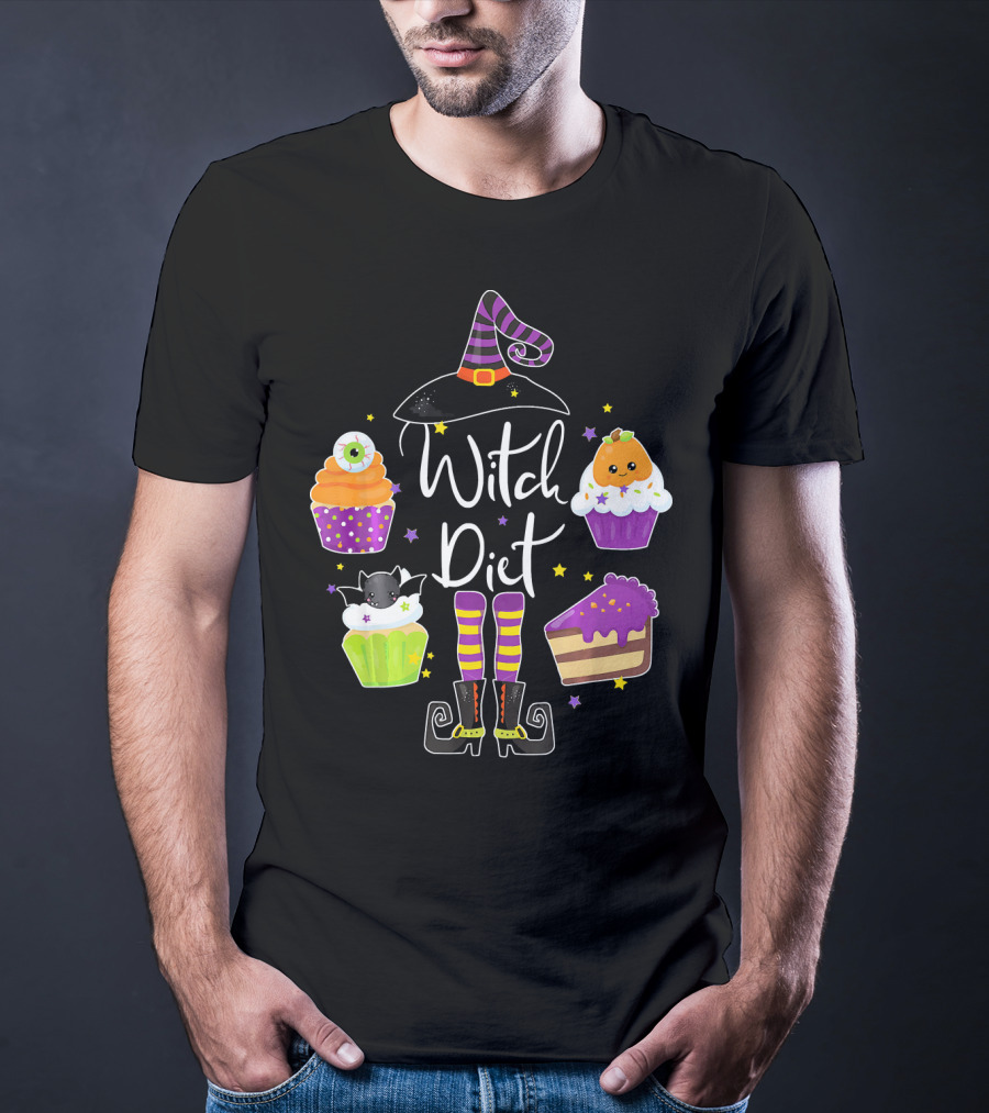 Witch Diet Funny Halloween Pumpkin Cupcake Treats With Witch Hat And Boots T-Shirt